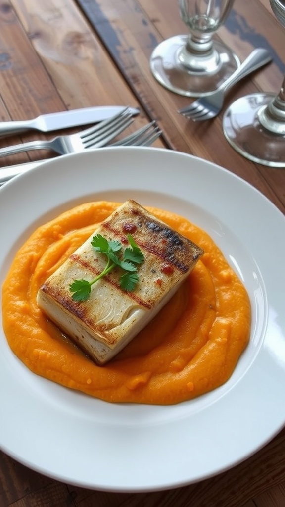 Plated pan-seared sea bass on carrot ginger puree, garnished with cilantro, on a rustic table.